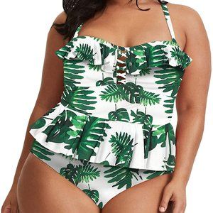 Womens Plus Size Swimwear Peplum Tankini Tummy Control 2 Piece 3X Large Leaf